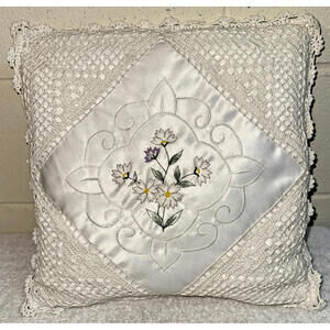 Hand Made Pillow Cover Made With Love Crochet Satin Embroidery Flowers 15" Sq